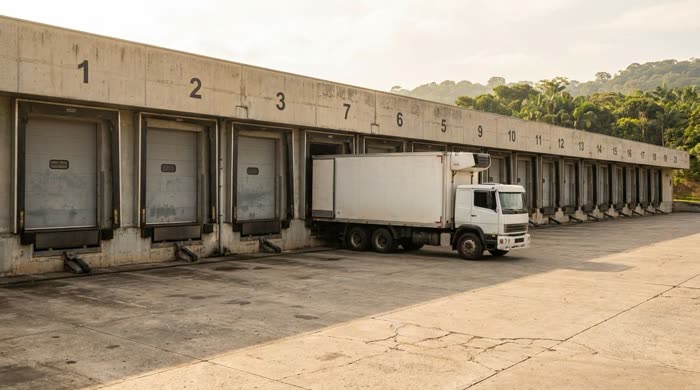 Docas de um centro de distribuição com caminhões em posição de carga.